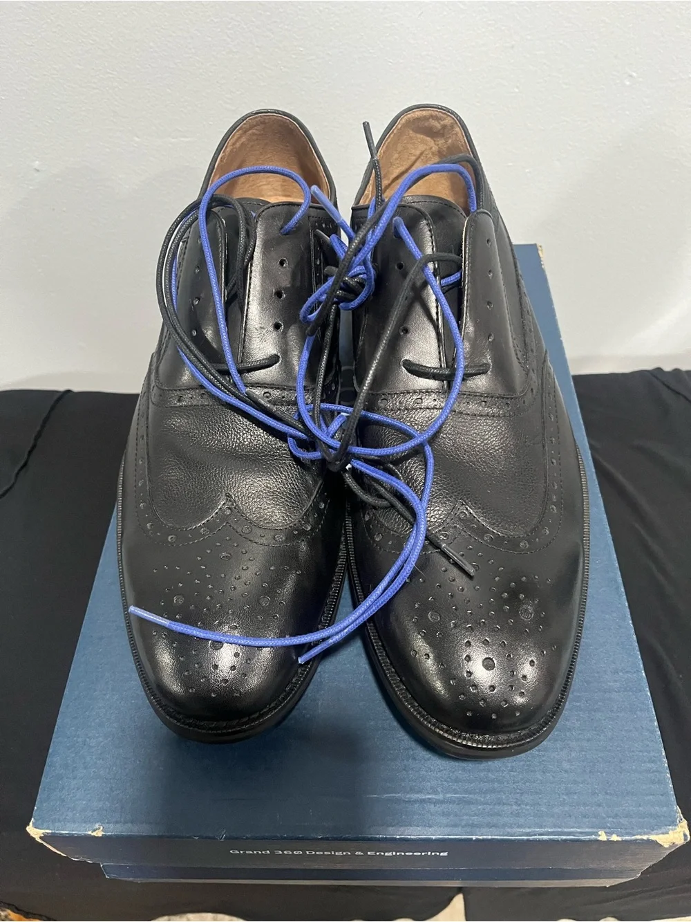 Johnston & Murphy Black Leather Wingtip Oxfords with Blue Laces